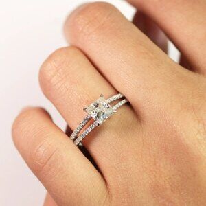 JeenMata Moissanite Split Shank 18K White Gold Over Silver Bridal Ring, Size 7